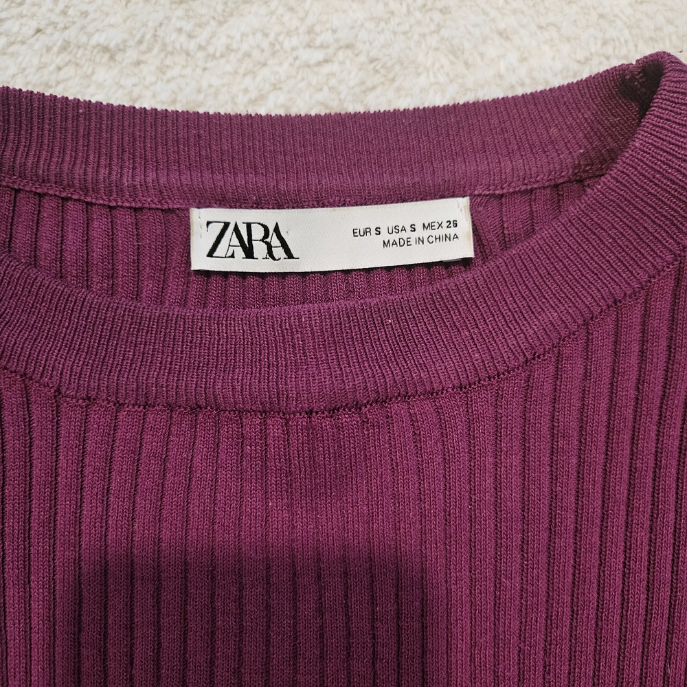 Zara Purple Puff-Sleeve Ribbed Knit Sweater Size S Minimalist Feminine Retro 80s - Picture 8 of 11